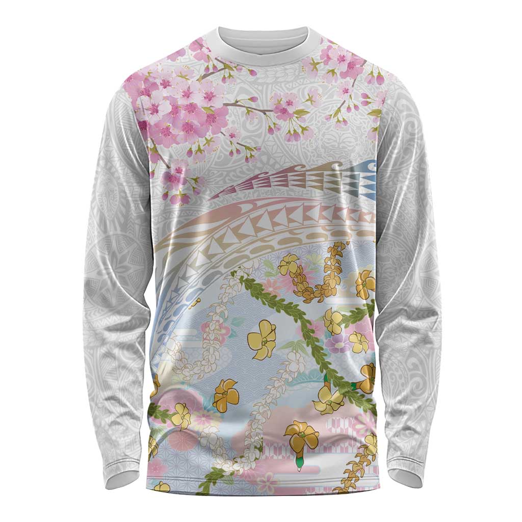 Hawaiian and Japanese Culture Together Long Sleeve Shirt Tribal Motifs with Lei and Japanese Sakura Pattern LT03 Unisex White - Polynesian Pride