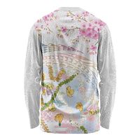 Hawaiian and Japanese Culture Together Long Sleeve Shirt Tribal Motifs with Lei and Japanese Sakura Pattern LT03 - Polynesian Pride