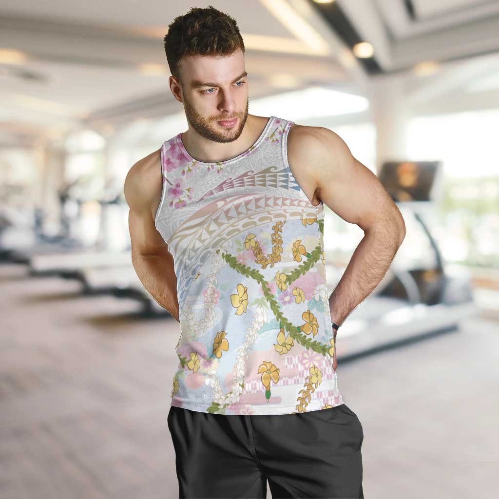 Hawaiian and Japanese Culture Together Men Tank Top Tribal Motifs with Lei and Japanese Sakura Pattern LT03 White - Polynesian Pride