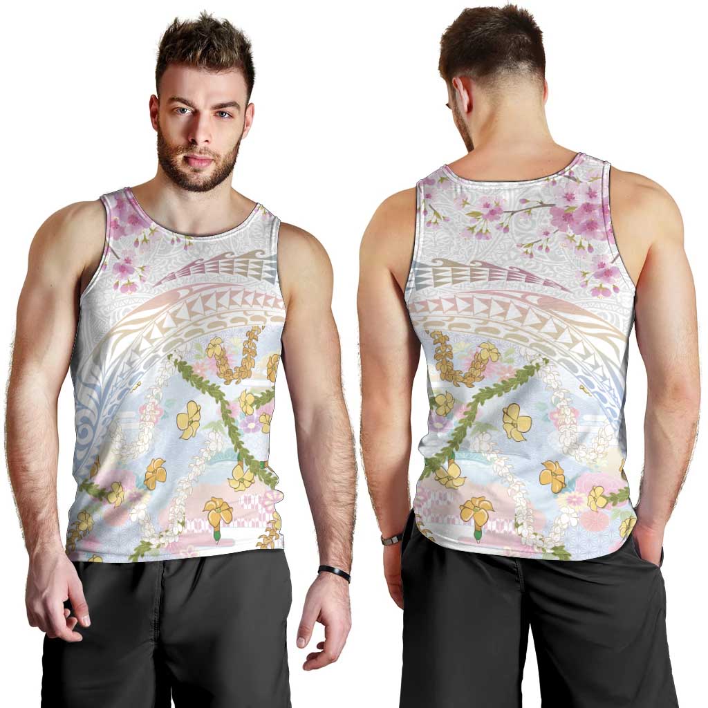 Hawaiian and Japanese Culture Together Men Tank Top Tribal Motifs with Lei and Japanese Sakura Pattern LT03 - Polynesian Pride