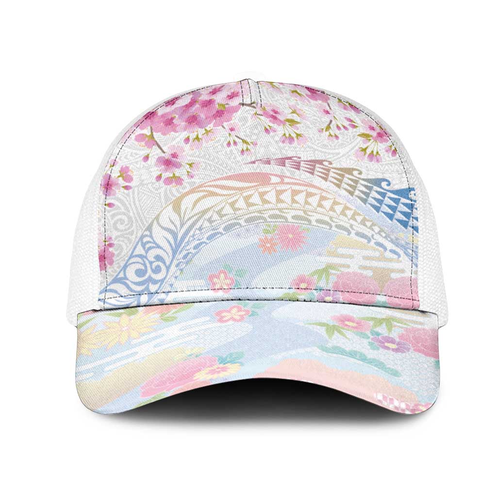 Hawaiian and Japanese Culture Together Mesh Trucker Cap Tribal Motifs with Lei and Japanese Sakura Pattern LT03 One Size White White - Polynesian Pride