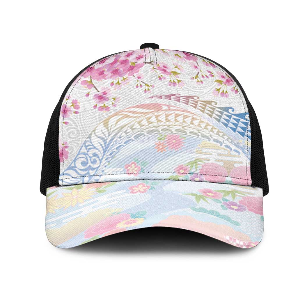 Hawaiian and Japanese Culture Together Mesh Trucker Cap Tribal Motifs with Lei and Japanese Sakura Pattern LT03 One Size Black White - Polynesian Pride