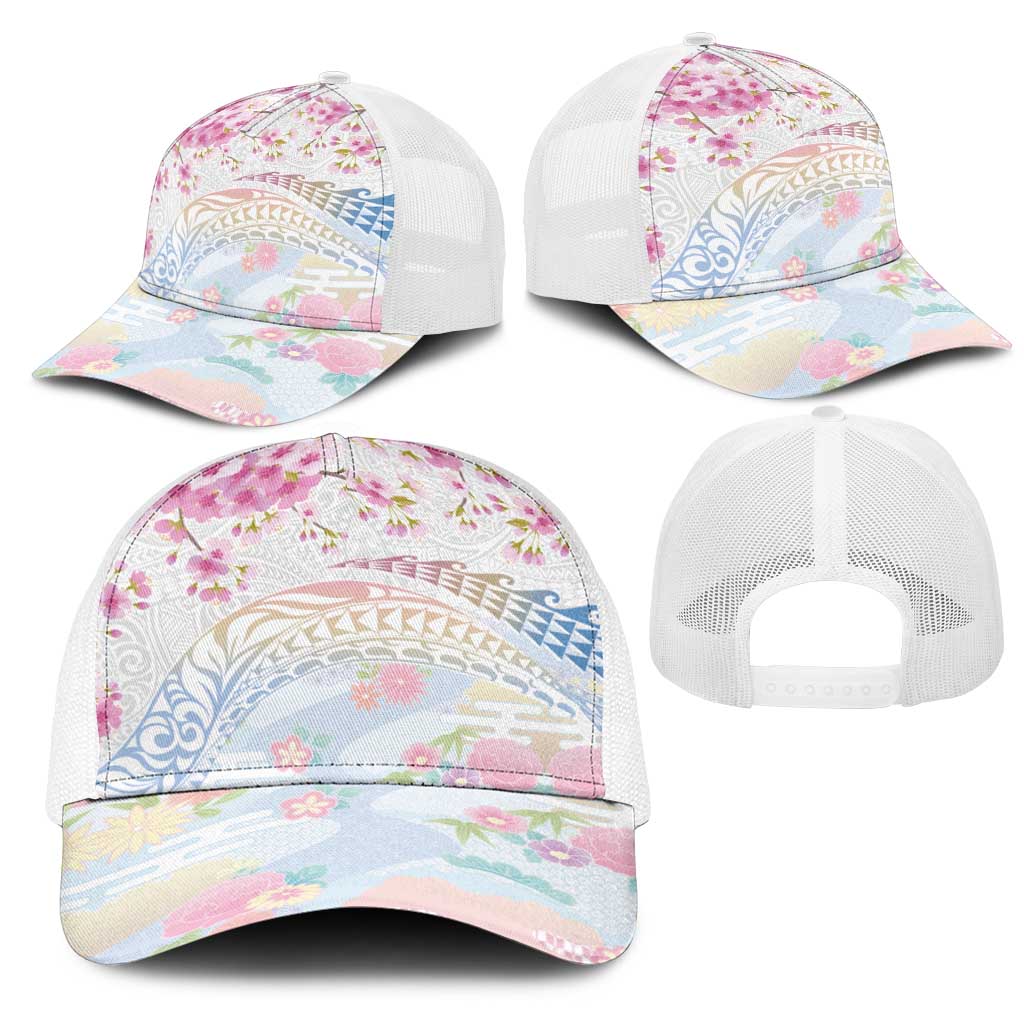 Hawaiian and Japanese Culture Together Mesh Trucker Cap Tribal Motifs with Lei and Japanese Sakura Pattern LT03 - Polynesian Pride