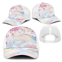 Hawaiian and Japanese Culture Together Mesh Trucker Cap Tribal Motifs with Lei and Japanese Sakura Pattern LT03 - Polynesian Pride