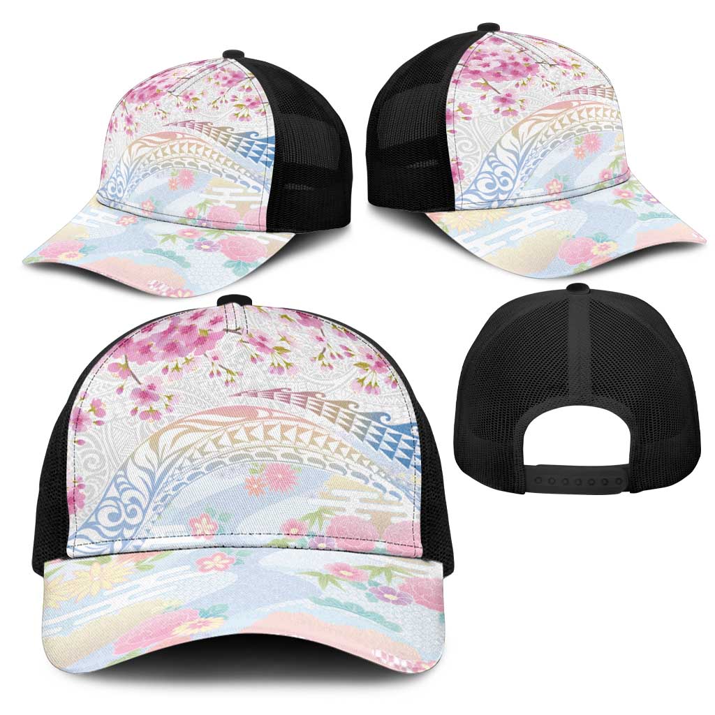 Hawaiian and Japanese Culture Together Mesh Trucker Cap Tribal Motifs with Lei and Japanese Sakura Pattern LT03 - Polynesian Pride