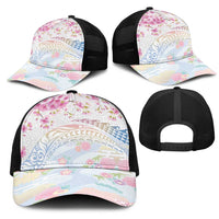 Hawaiian and Japanese Culture Together Mesh Trucker Cap Tribal Motifs with Lei and Japanese Sakura Pattern LT03 - Polynesian Pride