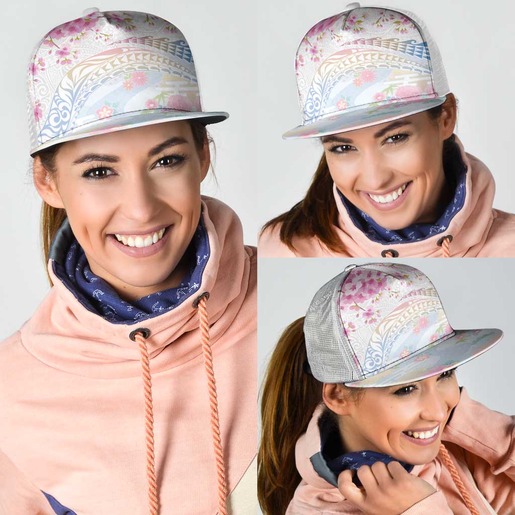 Hawaiian and Japanese Culture Together Mesh Trucker Cap Tribal Motifs with Lei and Japanese Sakura Pattern LT03 - Polynesian Pride