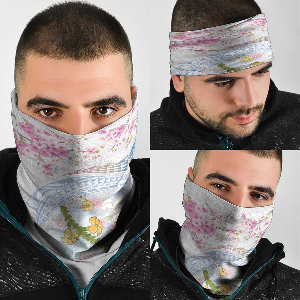 Hawaiian and Japanese Culture Together Neck Gaiter Tribal Motifs with Lei and Japanese Sakura Pattern LT03 - Polynesian Pride