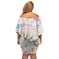 Hawaiian and Japanese Culture Together Off Shoulder Short Dress Tribal Motifs with Lei and Japanese Sakura Pattern LT03 - Polynesian Pride