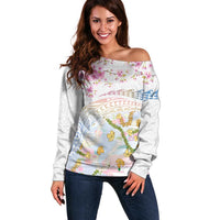 Hawaiian and Japanese Culture Together Off Shoulder Sweater Tribal Motifs with Lei and Japanese Sakura Pattern LT03 Women White - Polynesian Pride