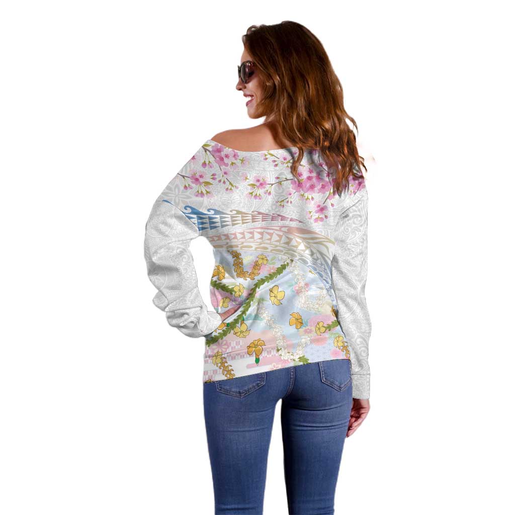 Hawaiian and Japanese Culture Together Off Shoulder Sweater Tribal Motifs with Lei and Japanese Sakura Pattern LT03 - Polynesian Pride