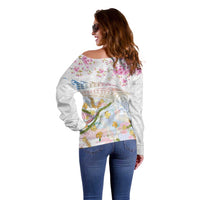 Hawaiian and Japanese Culture Together Off Shoulder Sweater Tribal Motifs with Lei and Japanese Sakura Pattern LT03 - Polynesian Pride