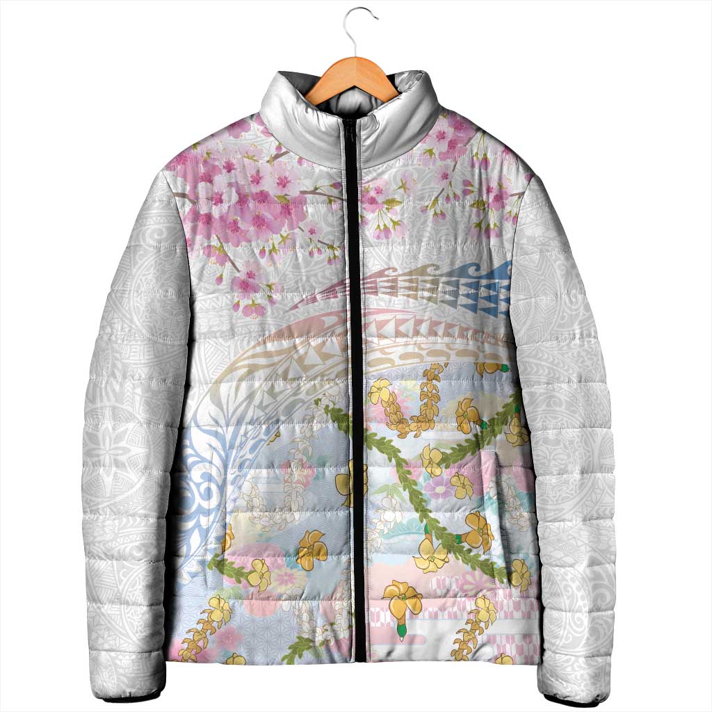 Hawaiian and Japanese Culture Together Padded Jacket Tribal Motifs with Lei and Japanese Sakura Pattern LT03 - Polynesian Pride