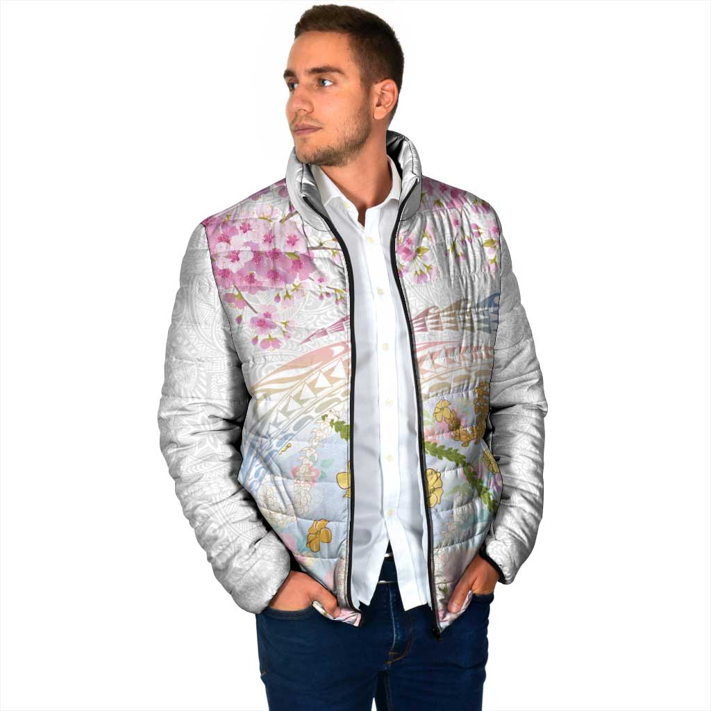 Hawaiian and Japanese Culture Together Padded Jacket Tribal Motifs with Lei and Japanese Sakura Pattern LT03 - Polynesian Pride