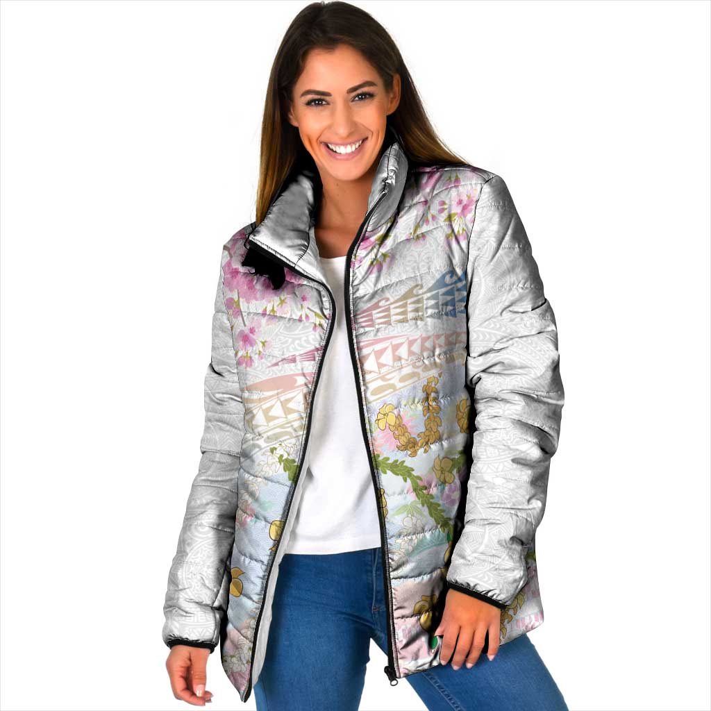 Hawaiian and Japanese Culture Together Padded Jacket Tribal Motifs with Lei and Japanese Sakura Pattern LT03 Women White - Polynesian Pride