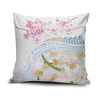 Hawaiian and Japanese Culture Together Pillow Cover Tribal Motifs with Lei and Japanese Sakura Pattern LT03 White - Polynesian Pride