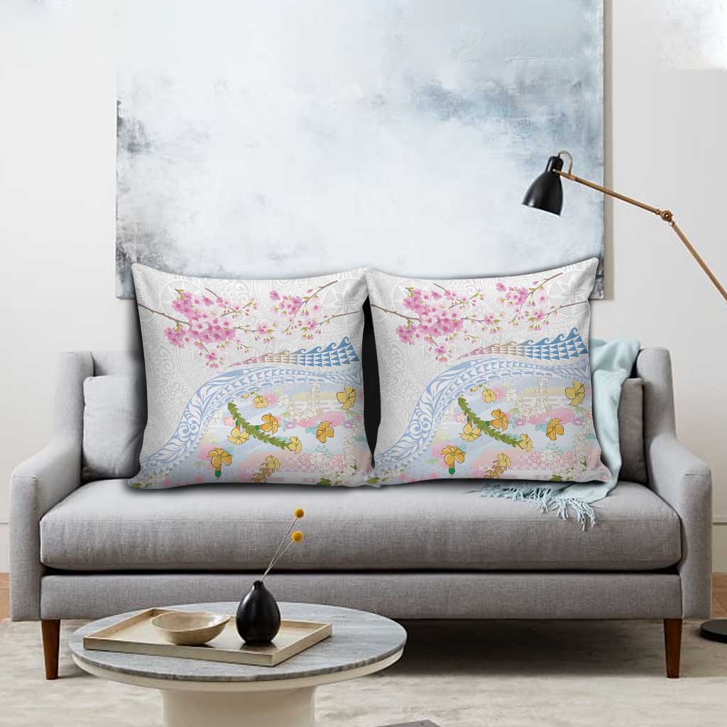 Hawaiian and Japanese Culture Together Pillow Cover Tribal Motifs with Lei and Japanese Sakura Pattern LT03 - Polynesian Pride
