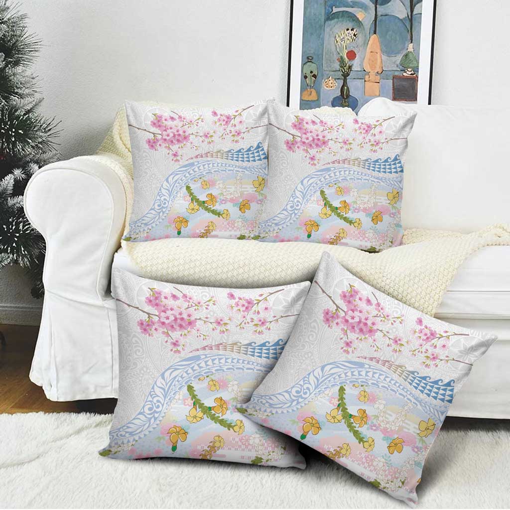 Hawaiian and Japanese Culture Together Pillow Cover Tribal Motifs with Lei and Japanese Sakura Pattern LT03 - Polynesian Pride