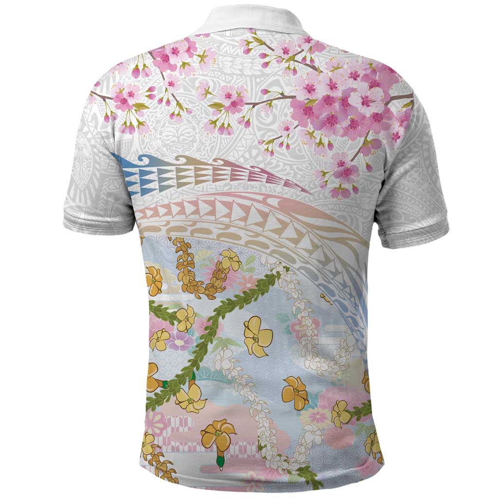 Hawaiian and Japanese Culture Together Polo Shirt Tribal Motifs with Lei and Japanese Sakura Pattern LT03 - Polynesian Pride