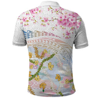 Hawaiian and Japanese Culture Together Polo Shirt Tribal Motifs with Lei and Japanese Sakura Pattern LT03 - Polynesian Pride