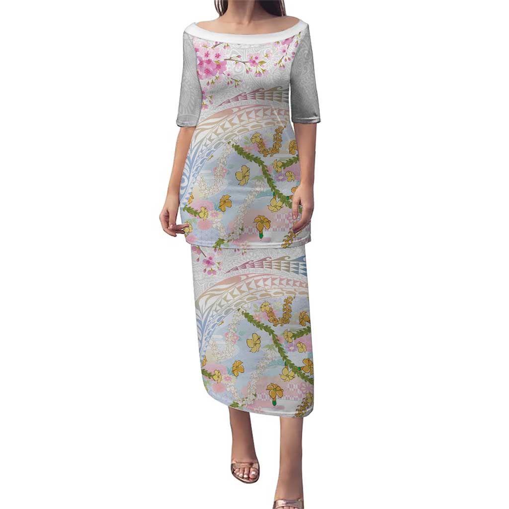 Hawaiian and Japanese Culture Together Puletasi Tribal Motifs with Lei and Japanese Sakura Pattern LT03 Long Dress White - Polynesian Pride