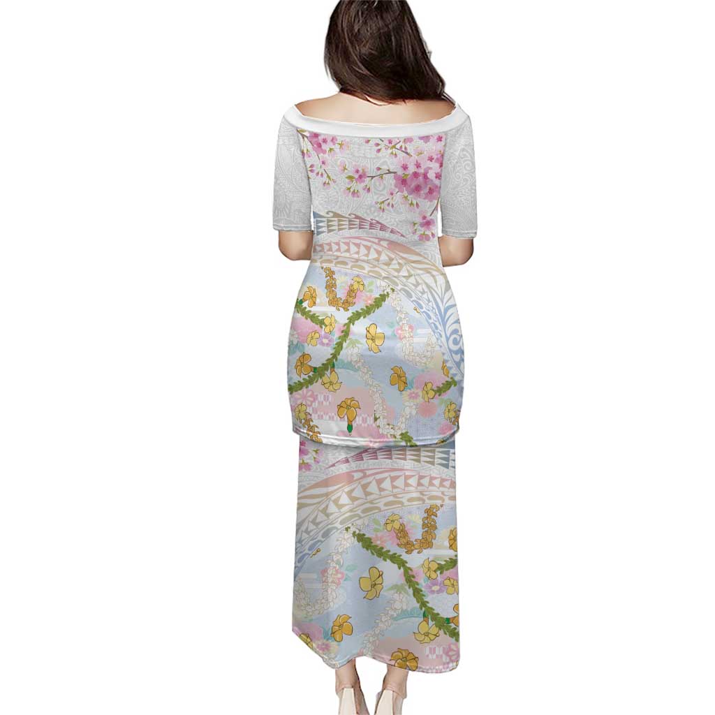 Hawaiian and Japanese Culture Together Puletasi Tribal Motifs with Lei and Japanese Sakura Pattern LT03 - Polynesian Pride