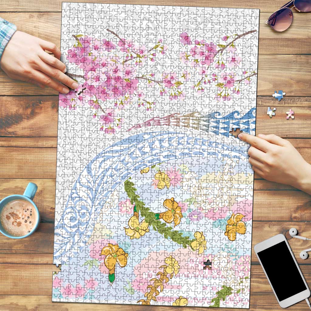 Hawaiian and Japanese Culture Together Puzzle Tribal Motifs with Lei and Japanese Sakura Pattern LT03 White - Polynesian Pride