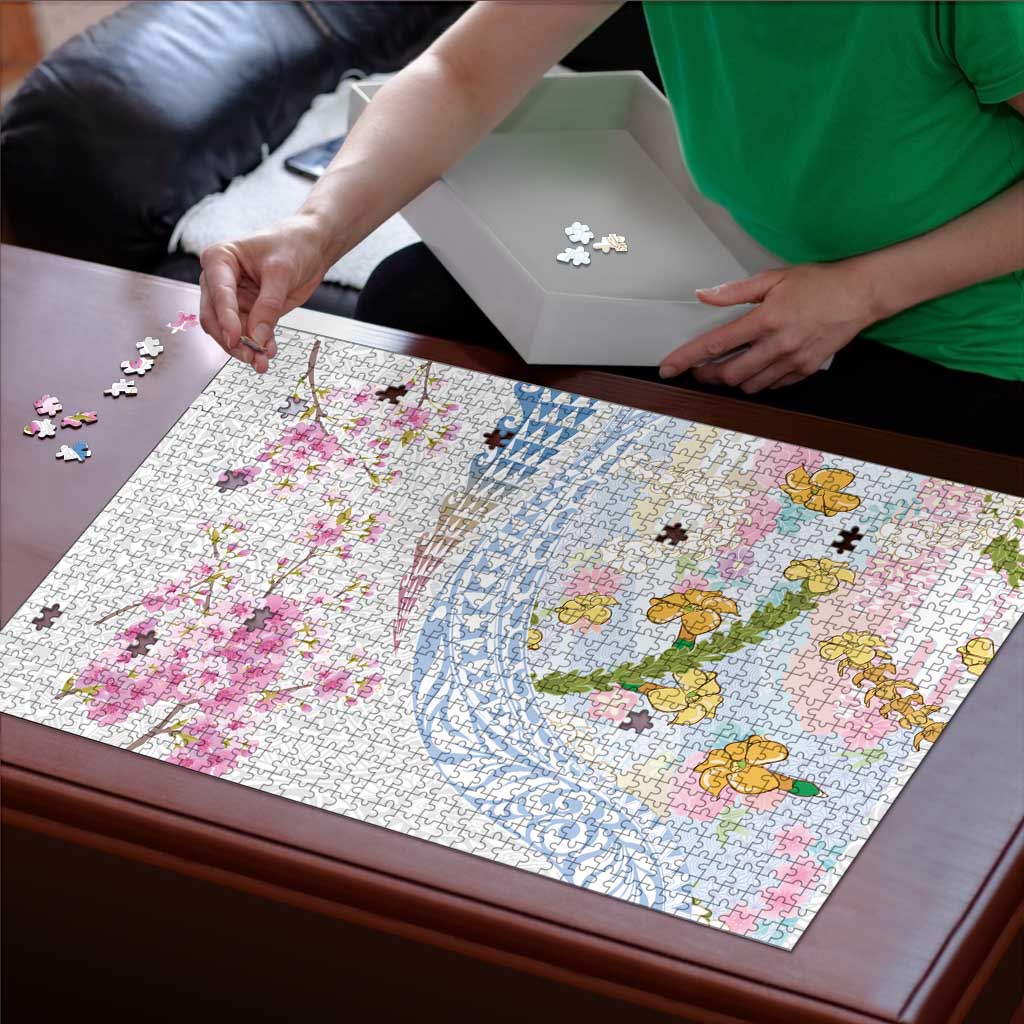 Hawaiian and Japanese Culture Together Puzzle Tribal Motifs with Lei and Japanese Sakura Pattern LT03 - Polynesian Pride