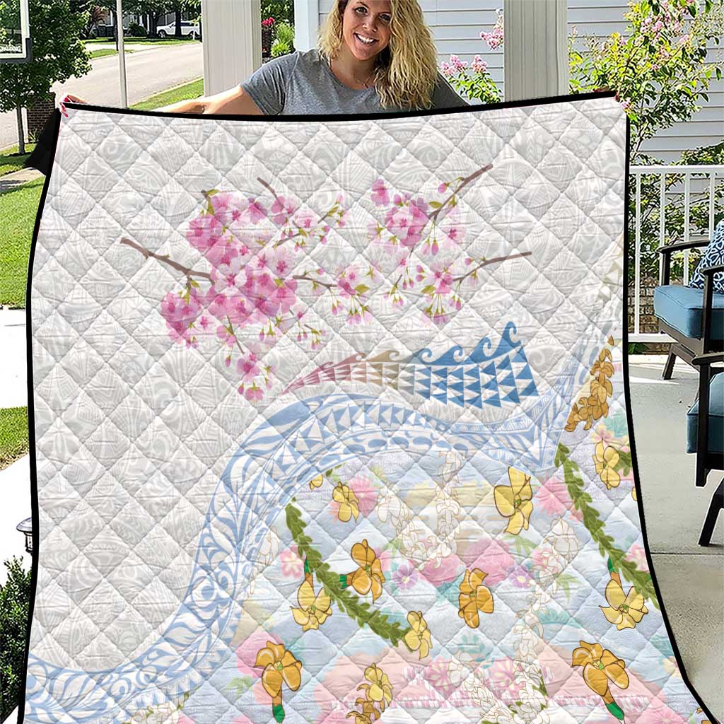 Hawaiian and Japanese Culture Together Quilt Tribal Motifs with Lei and Japanese Sakura Pattern LT03 White - Polynesian Pride