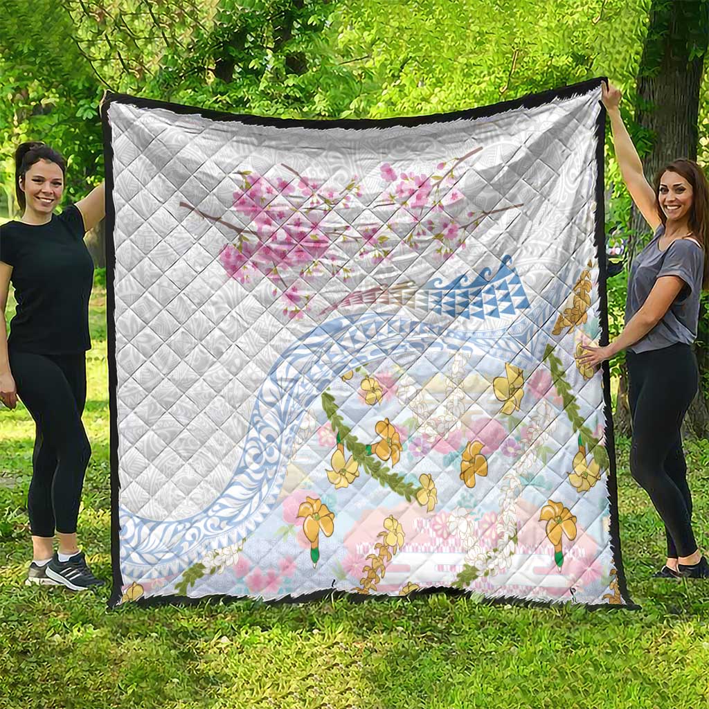 Hawaiian and Japanese Culture Together Quilt Tribal Motifs with Lei and Japanese Sakura Pattern LT03 - Polynesian Pride