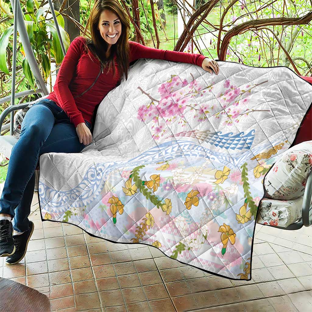 Hawaiian and Japanese Culture Together Quilt Tribal Motifs with Lei and Japanese Sakura Pattern LT03 - Polynesian Pride