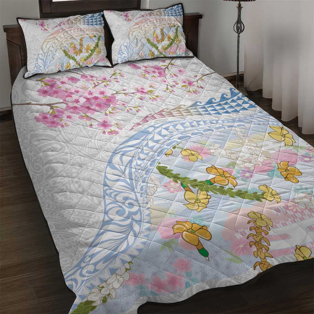 Hawaiian and Japanese Culture Together Quilt Bed Set Tribal Motifs with Lei and Japanese Sakura Pattern LT03 White - Polynesian Pride