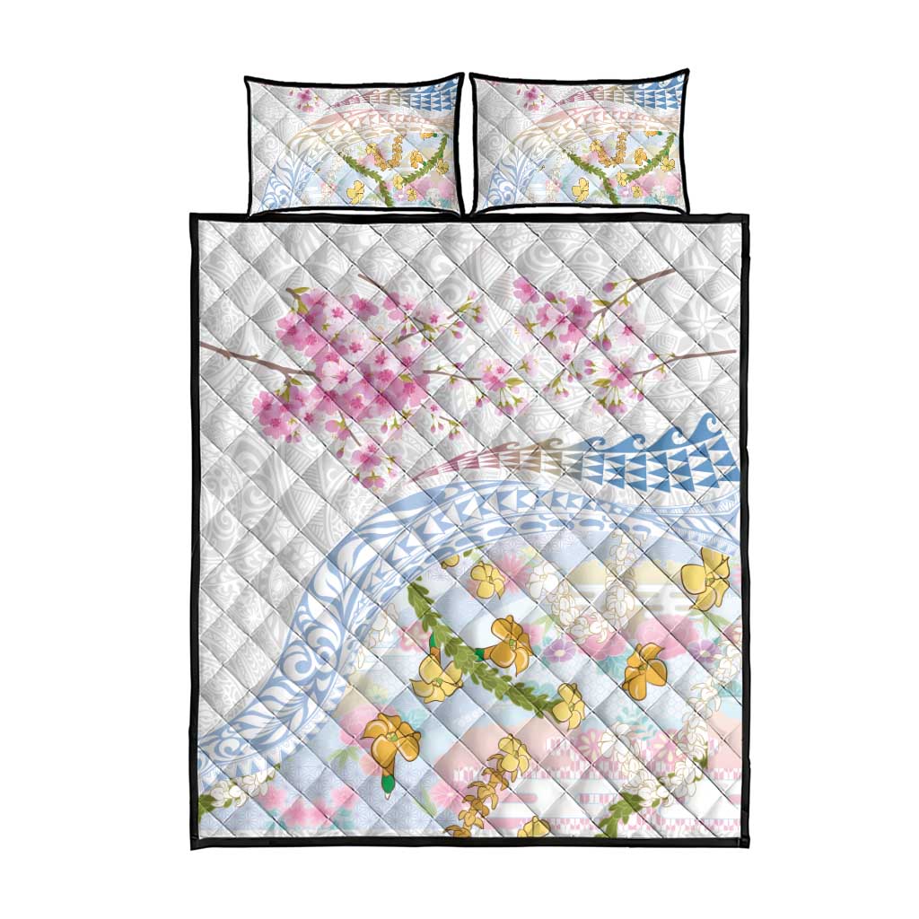 Hawaiian and Japanese Culture Together Quilt Bed Set Tribal Motifs with Lei and Japanese Sakura Pattern LT03 - Polynesian Pride