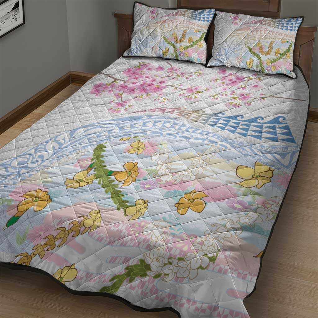 Hawaiian and Japanese Culture Together Quilt Bed Set Tribal Motifs with Lei and Japanese Sakura Pattern LT03 - Polynesian Pride