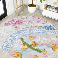 Hawaiian and Japanese Culture Together Round Carpet Tribal Motifs with Lei and Japanese Sakura Pattern LT03 White - Polynesian Pride