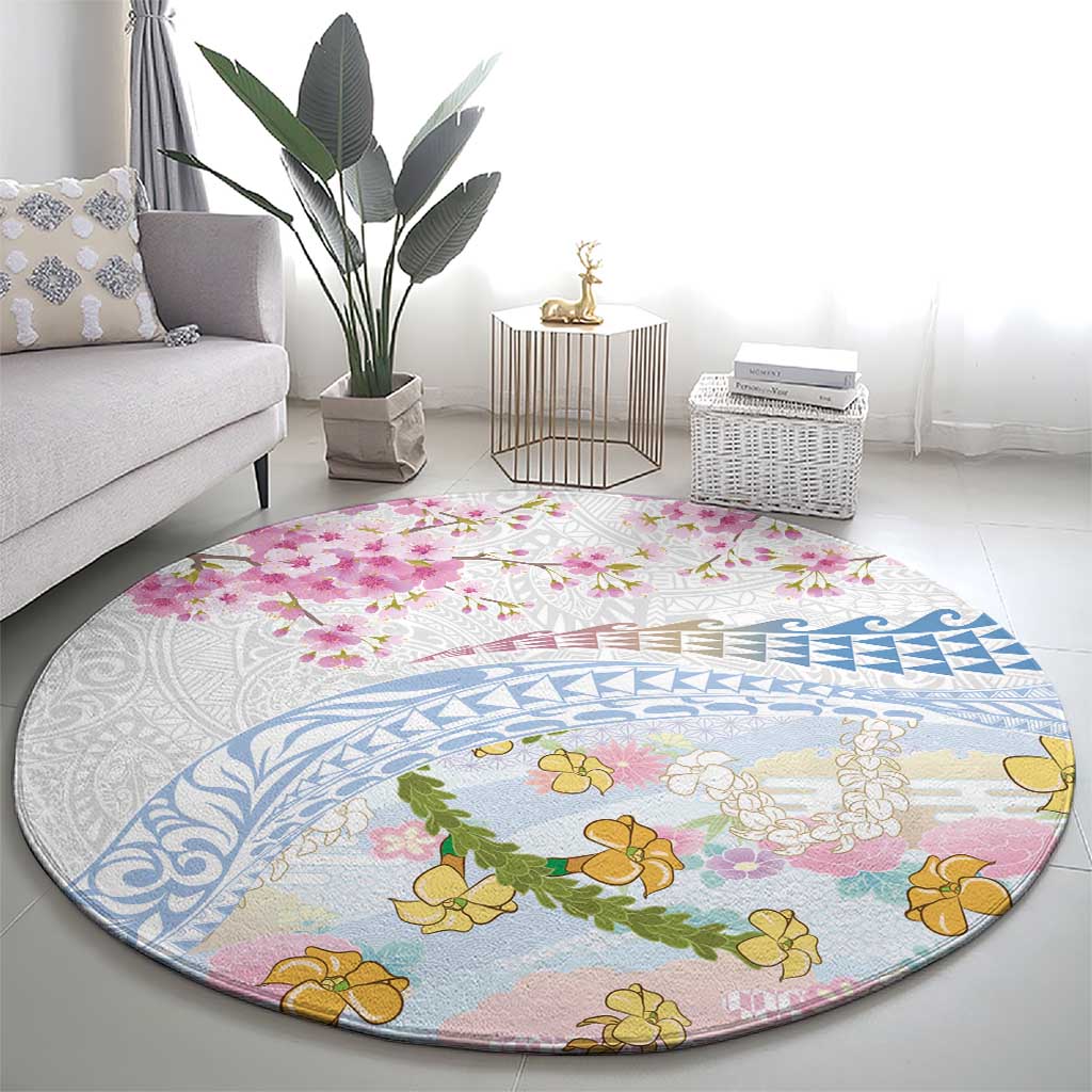 Hawaiian and Japanese Culture Together Round Carpet Tribal Motifs with Lei and Japanese Sakura Pattern LT03 - Polynesian Pride