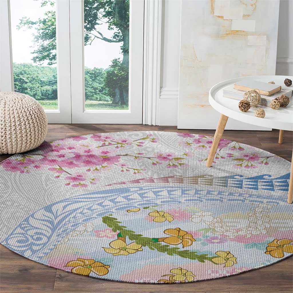 Hawaiian and Japanese Culture Together Round Carpet Tribal Motifs with Lei and Japanese Sakura Pattern LT03 - Polynesian Pride