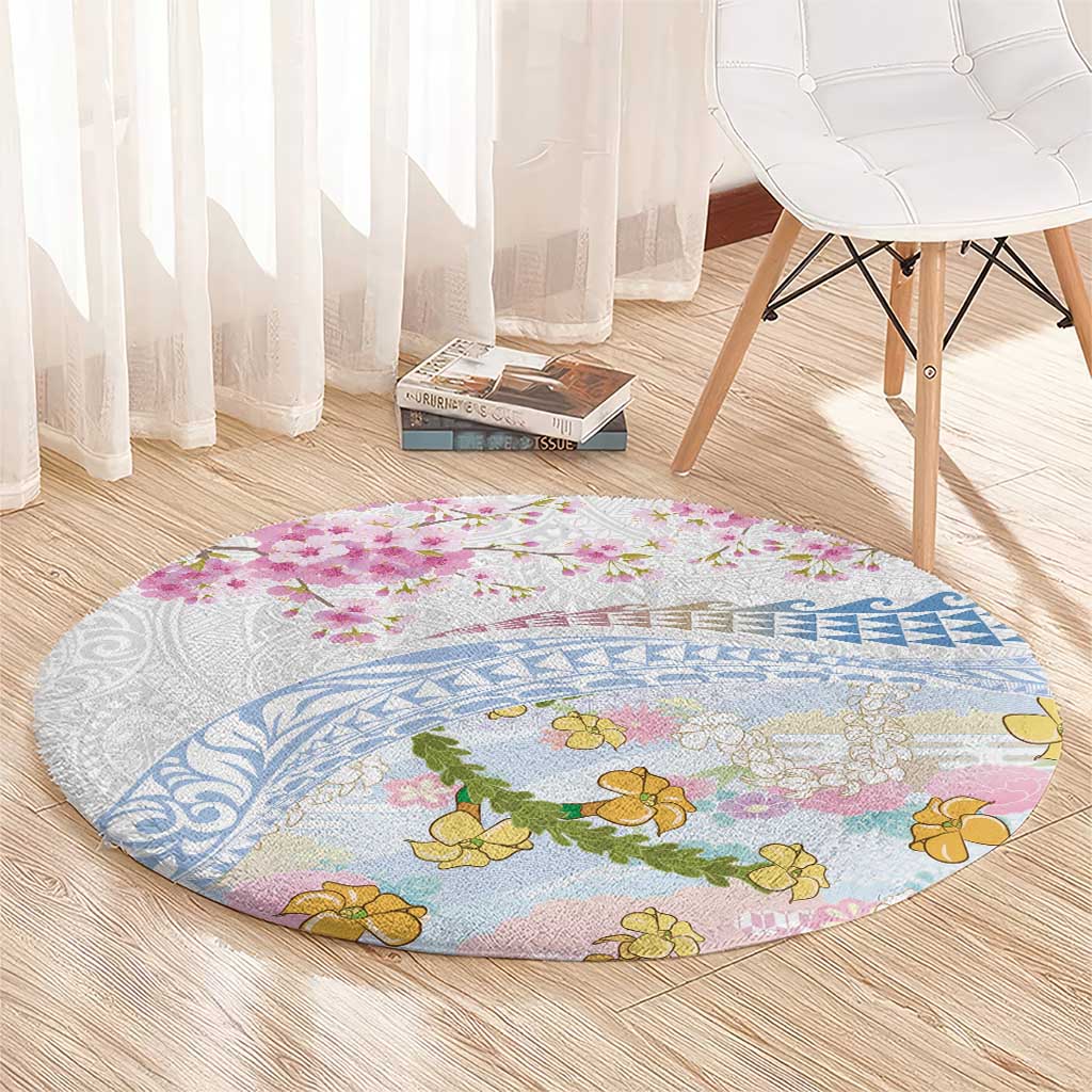 Hawaiian and Japanese Culture Together Round Carpet Tribal Motifs with Lei and Japanese Sakura Pattern LT03 - Polynesian Pride