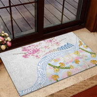 Hawaiian and Japanese Culture Together Rubber Doormat Tribal Motifs with Lei and Japanese Sakura Pattern LT03 - Polynesian Pride