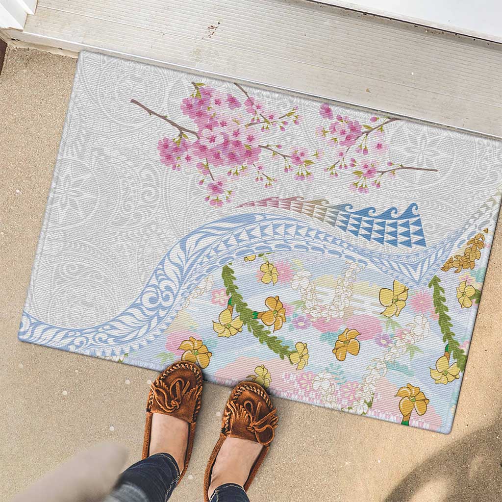 Hawaiian and Japanese Culture Together Rubber Doormat Tribal Motifs with Lei and Japanese Sakura Pattern LT03 - Polynesian Pride