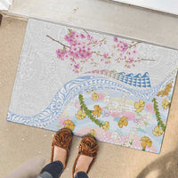 Hawaiian and Japanese Culture Together Rubber Doormat Tribal Motifs with Lei and Japanese Sakura Pattern LT03 - Polynesian Pride