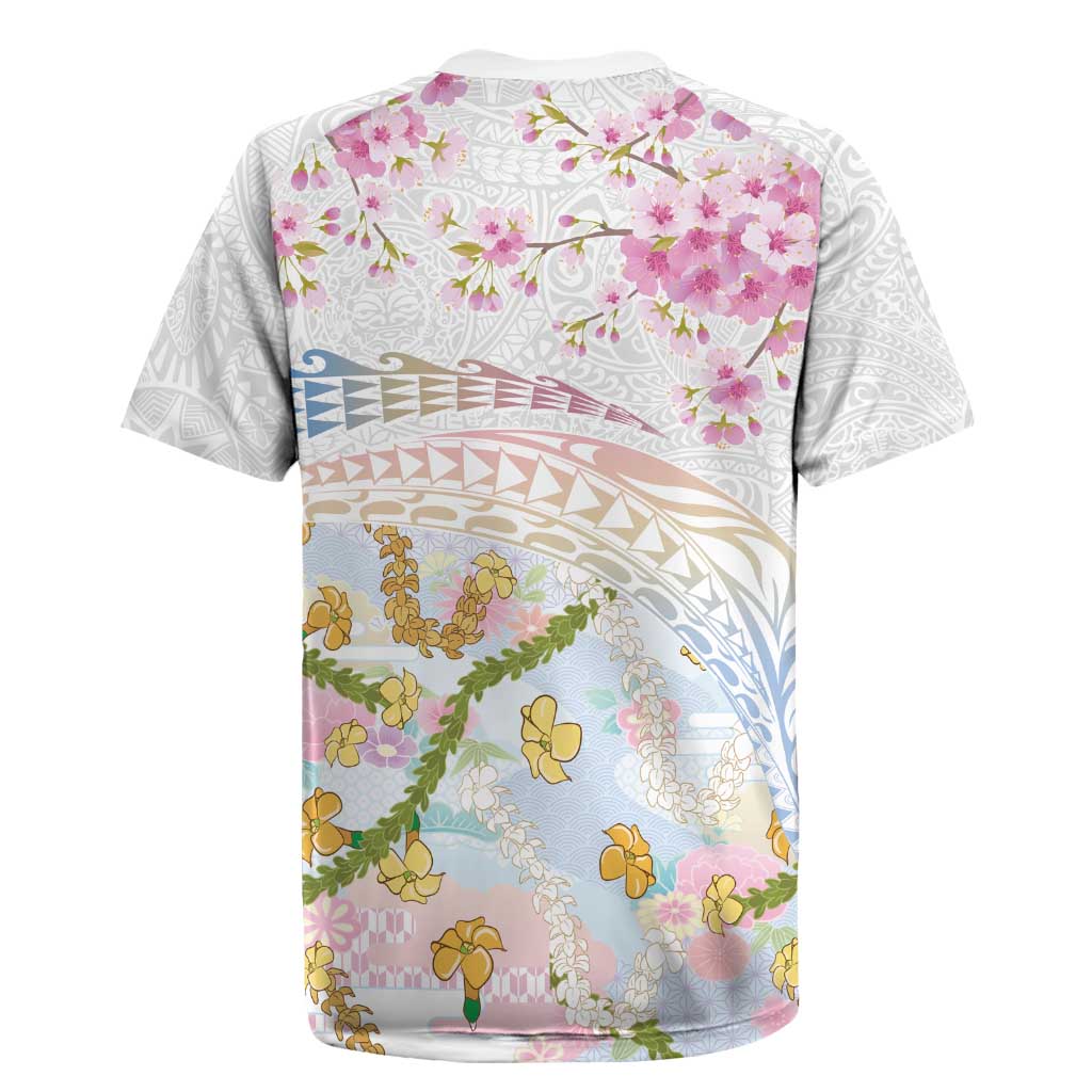 Hawaiian and Japanese Culture Together Rugby Jersey Tribal Motifs with Lei and Japanese Sakura Pattern LT03 - Polynesian Pride