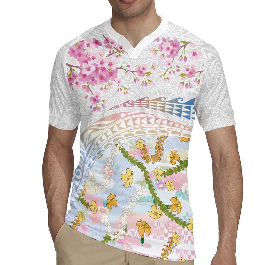 Hawaiian and Japanese Culture Together Rugby Jersey Tribal Motifs with Lei and Japanese Sakura Pattern LT03 - Polynesian Pride