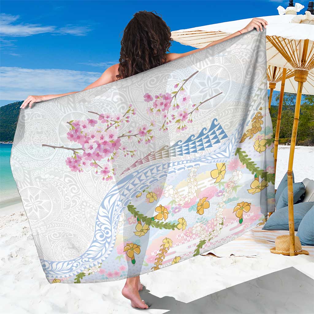 Hawaiian and Japanese Culture Together Sarong Tribal Motifs with Lei and Japanese Sakura Pattern LT03 One Size 44 x 66 inches White - Polynesian Pride