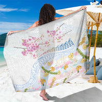 Hawaiian and Japanese Culture Together Sarong Tribal Motifs with Lei and Japanese Sakura Pattern LT03 One Size 44 x 66 inches White - Polynesian Pride