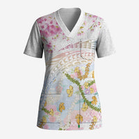 Hawaiian and Japanese Culture Together Scrub Top Tribal Motifs with Lei and Japanese Sakura Pattern LT03 Adult White - Polynesian Pride