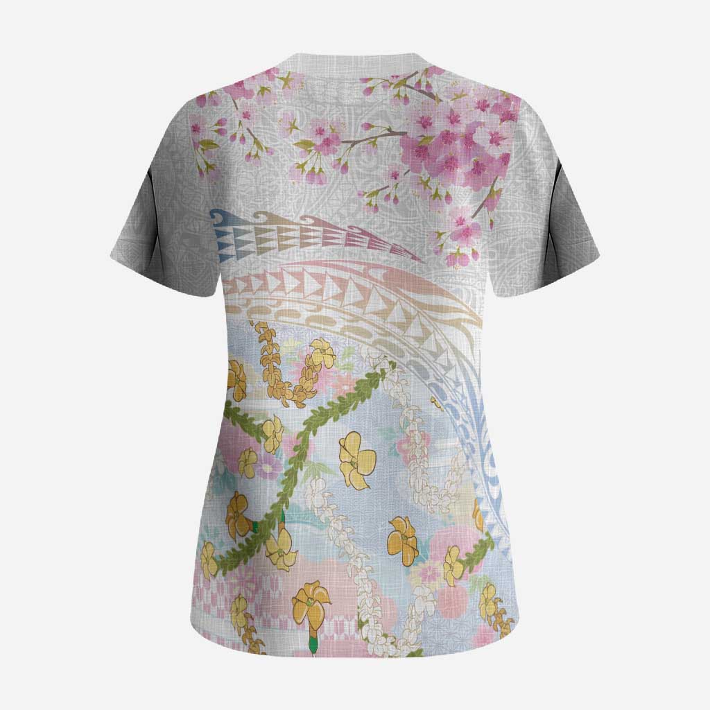 Hawaiian and Japanese Culture Together Scrub Top Tribal Motifs with Lei and Japanese Sakura Pattern LT03 - Polynesian Pride