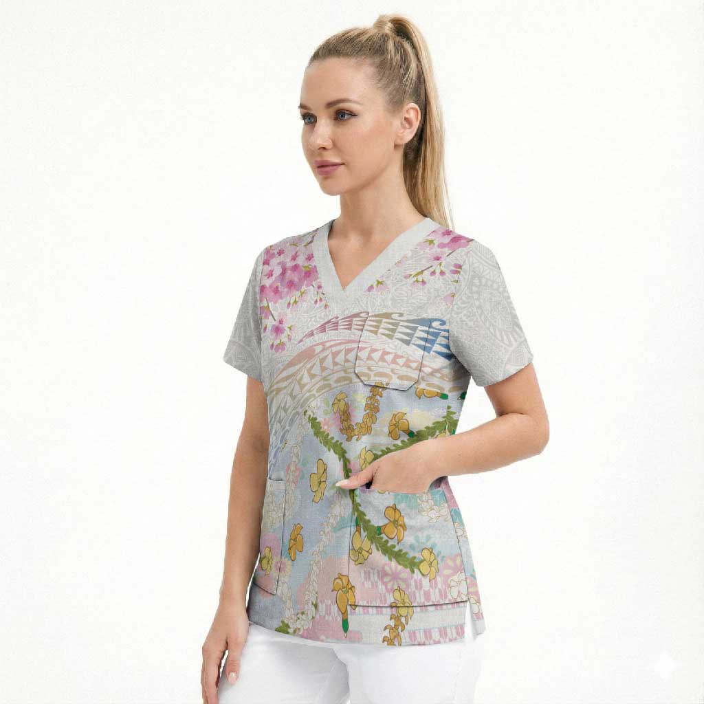 Hawaiian and Japanese Culture Together Scrub Top Tribal Motifs with Lei and Japanese Sakura Pattern LT03 - Polynesian Pride