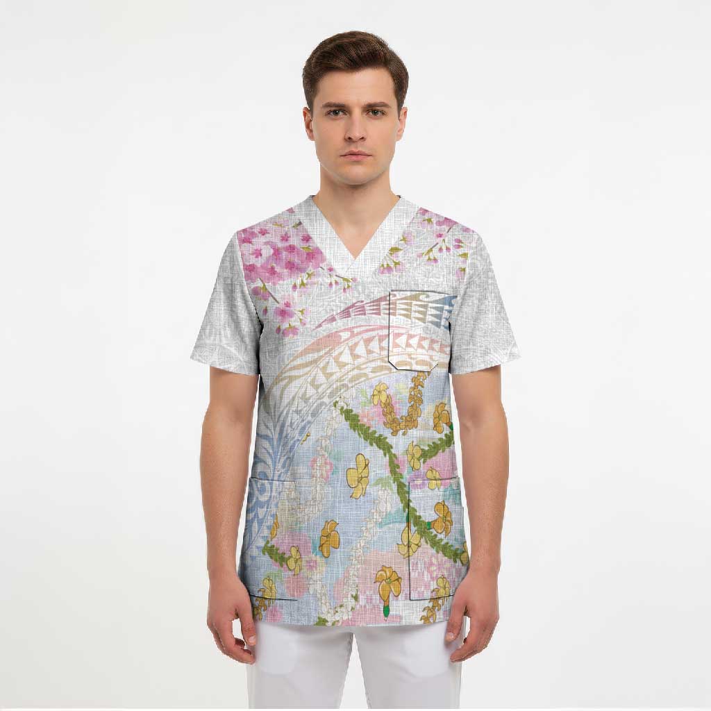 Hawaiian and Japanese Culture Together Scrub Top Tribal Motifs with Lei and Japanese Sakura Pattern LT03 - Polynesian Pride