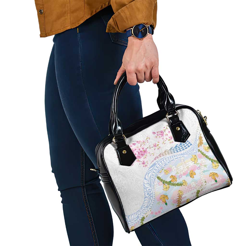 Hawaiian and Japanese Culture Together Shoulder Handbag Tribal Motifs with Lei and Japanese Sakura Pattern LT03 - Polynesian Pride